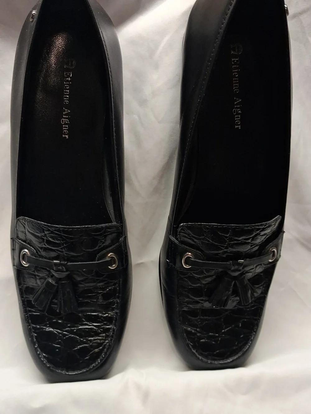 Etienne Aigner Black Croc-Embossed Tassel Loafers